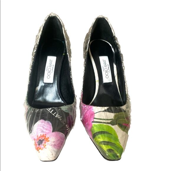 OFF-WHITE C/O JIMMY CHOO Anne 100 PVC-Wrapped Floral-Print Satin Pumps - Picture 3 of 10